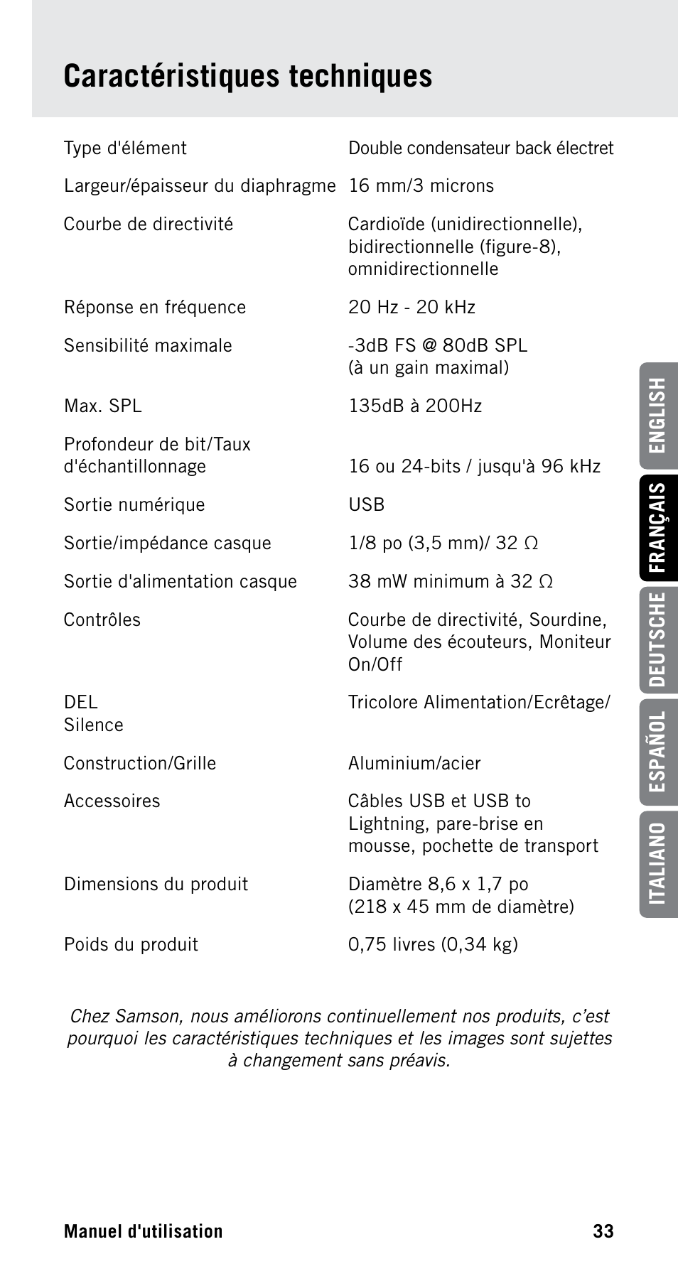 Caractéristiques techniques | Samson Satellite USB/iOS Broadcast Microphone User Manual | Page 33 / 88