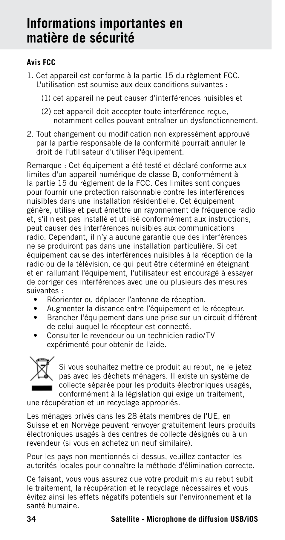 Informations importantes en matière de sécurité | Samson Satellite USB/iOS Broadcast Microphone User Manual | Page 34 / 88