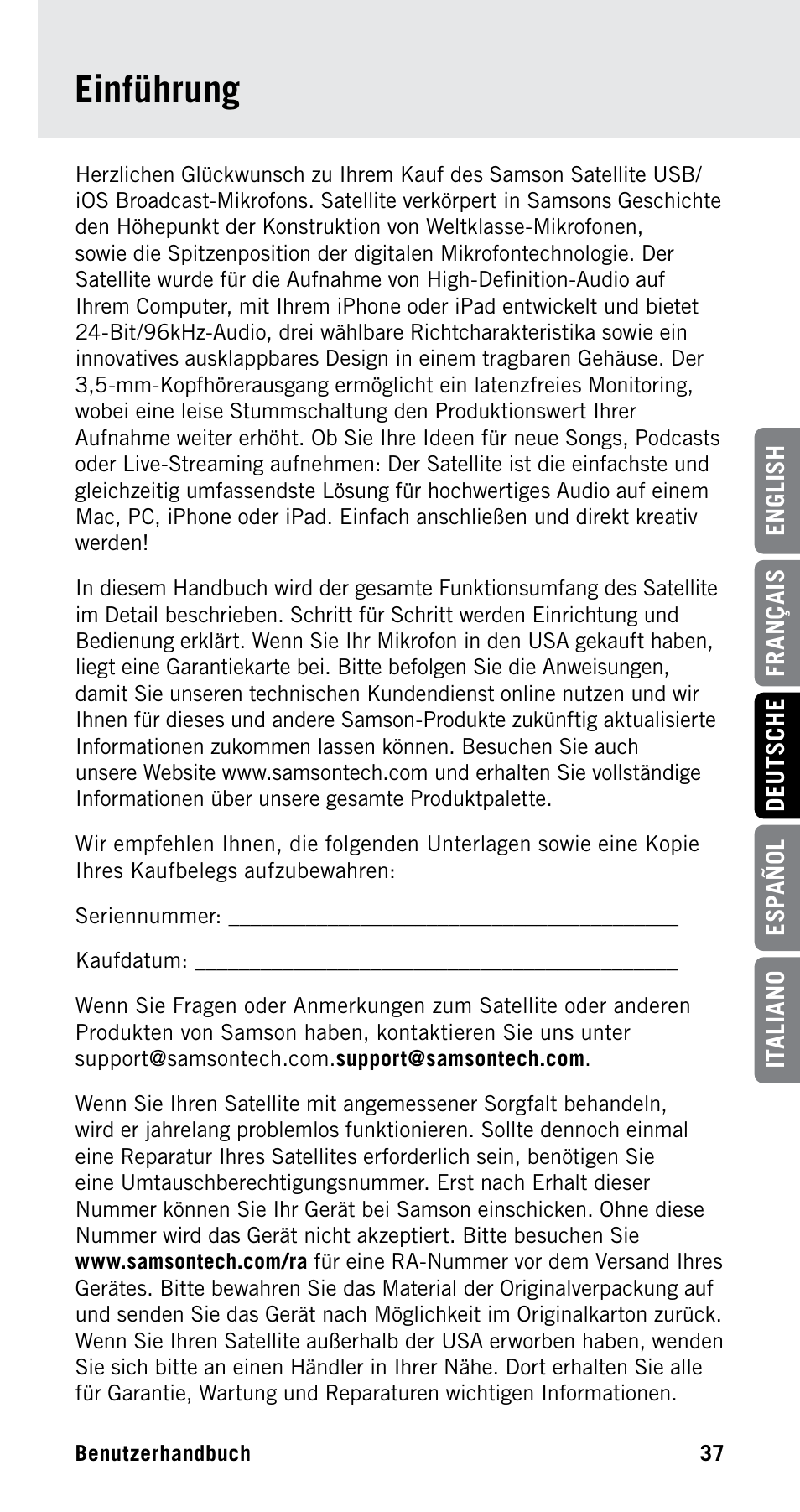 Einführung | Samson Satellite USB/iOS Broadcast Microphone User Manual | Page 37 / 88