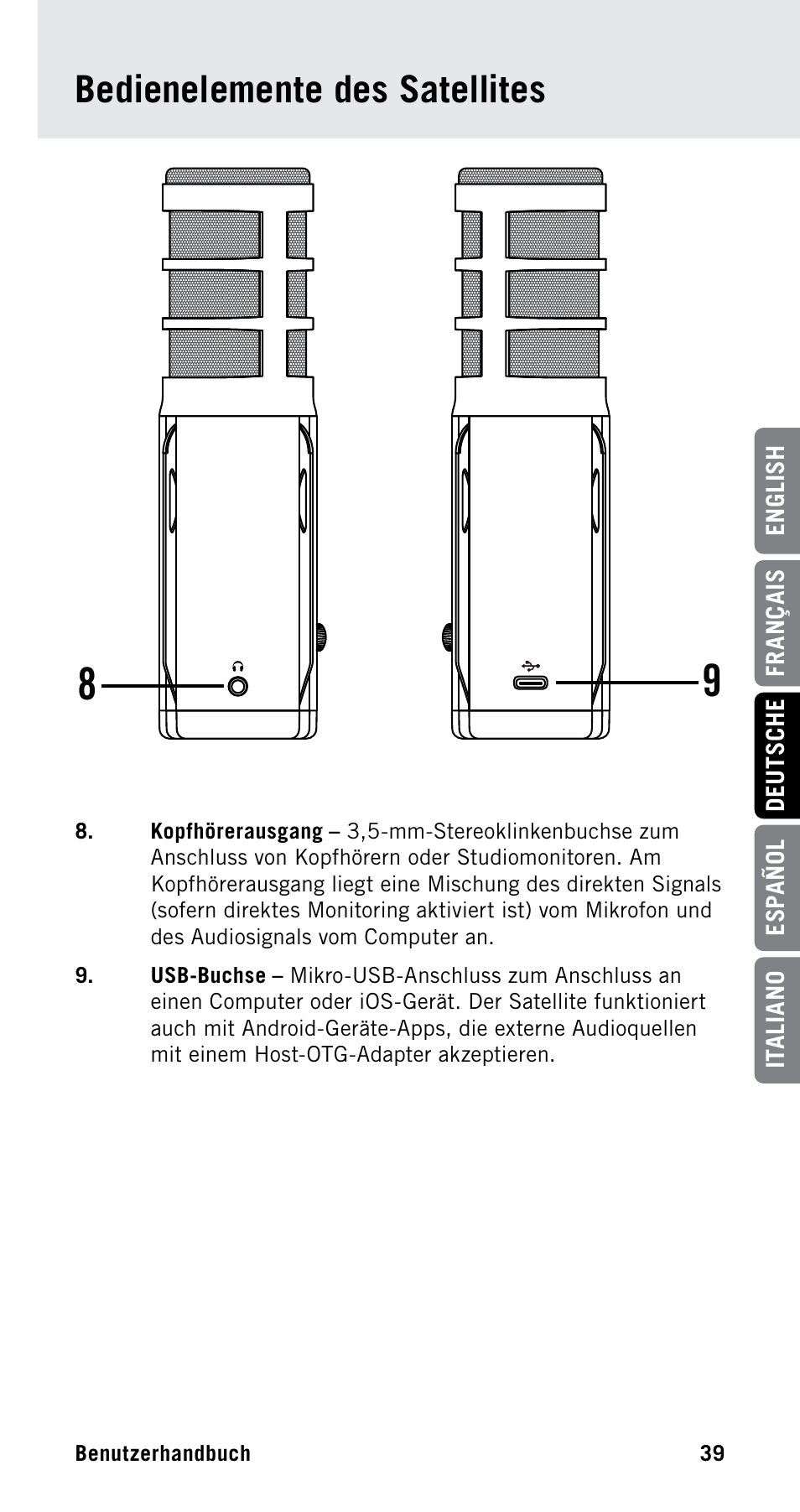 Bedienelemente des satellites | Samson Satellite USB/iOS Broadcast Microphone User Manual | Page 39 / 88