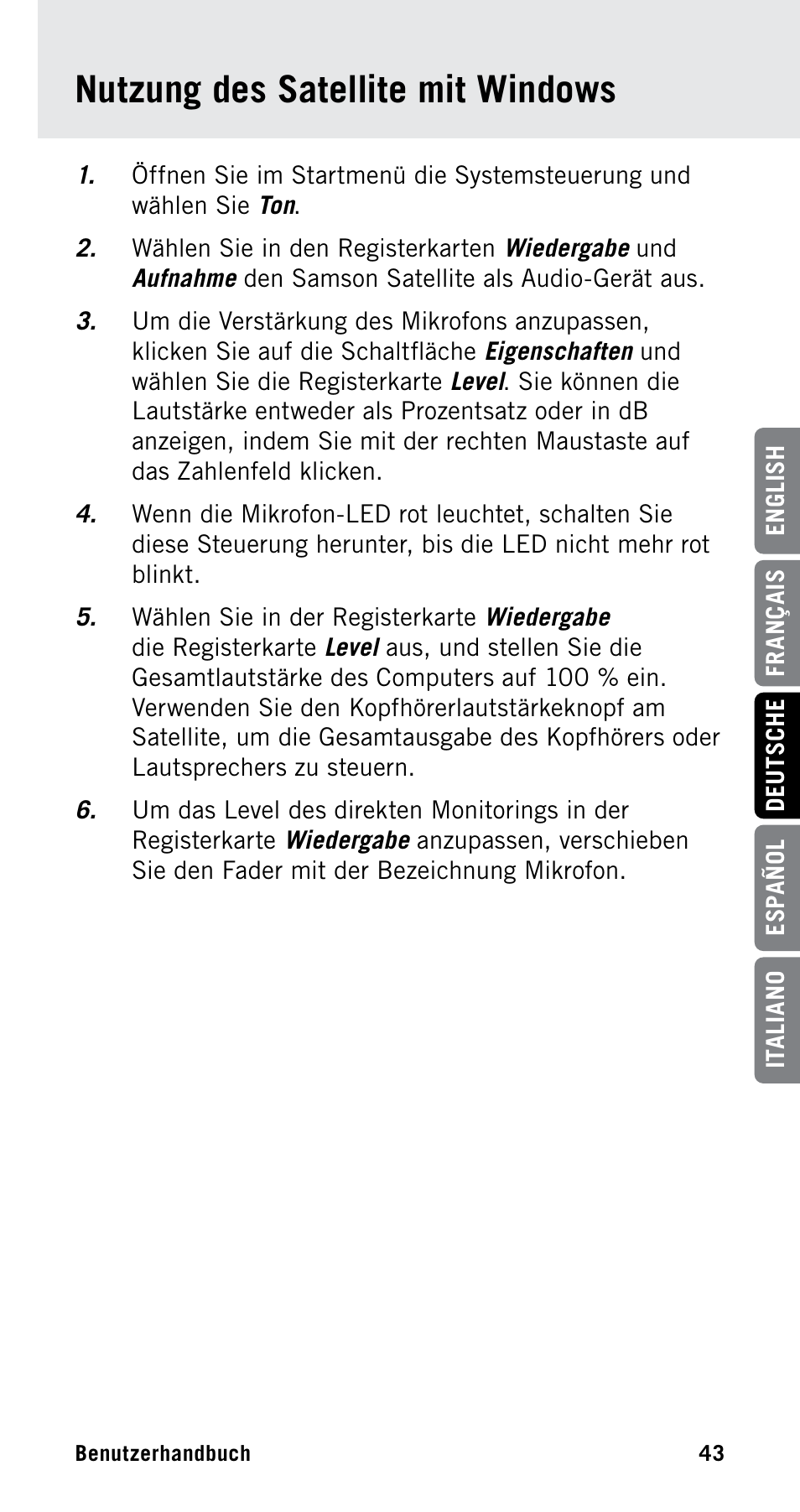 Nutzung des satellite mit windows | Samson Satellite USB/iOS Broadcast Microphone User Manual | Page 43 / 88