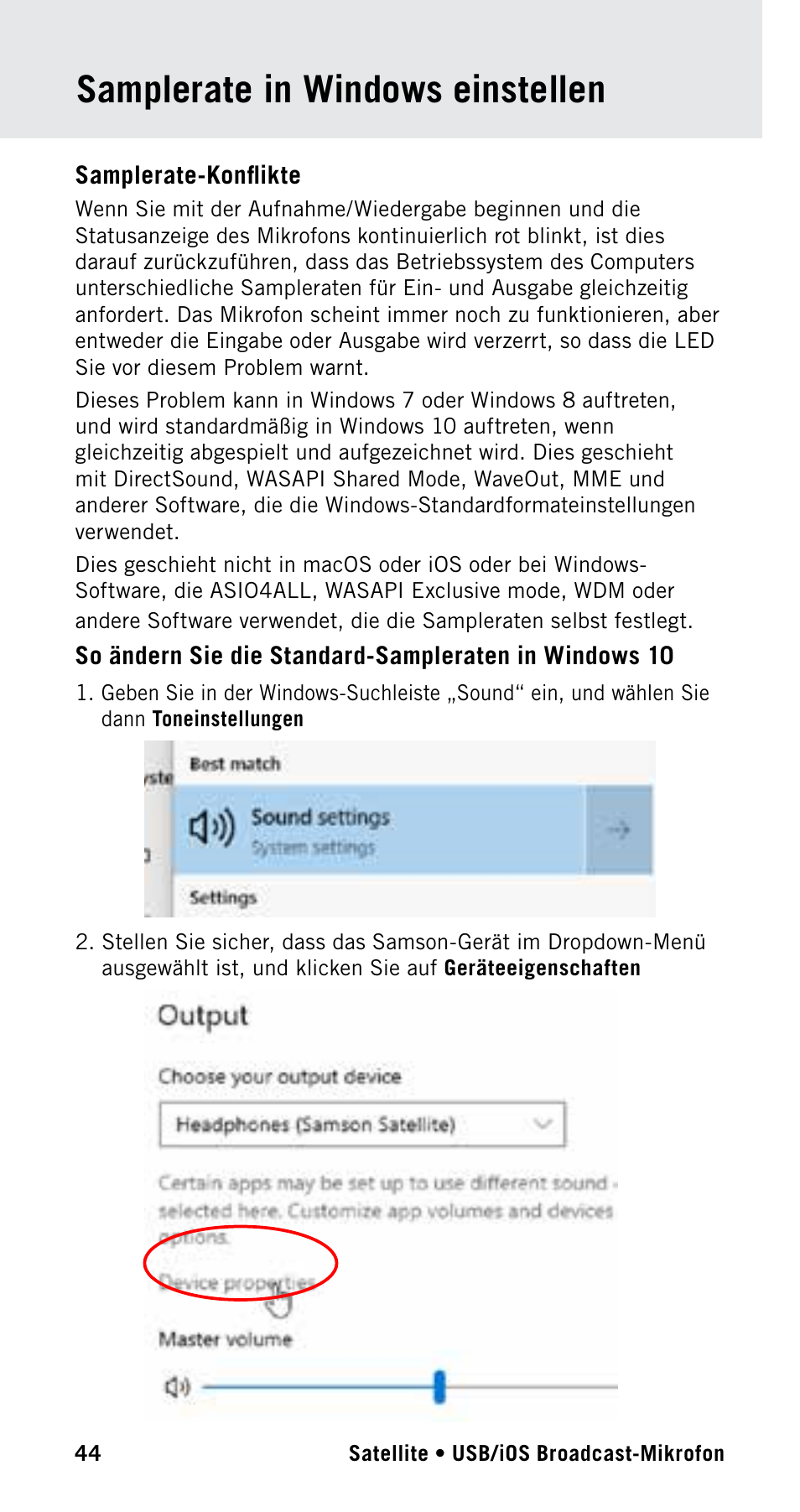 Samplerate in windows einstellen | Samson Satellite USB/iOS Broadcast Microphone User Manual | Page 44 / 88