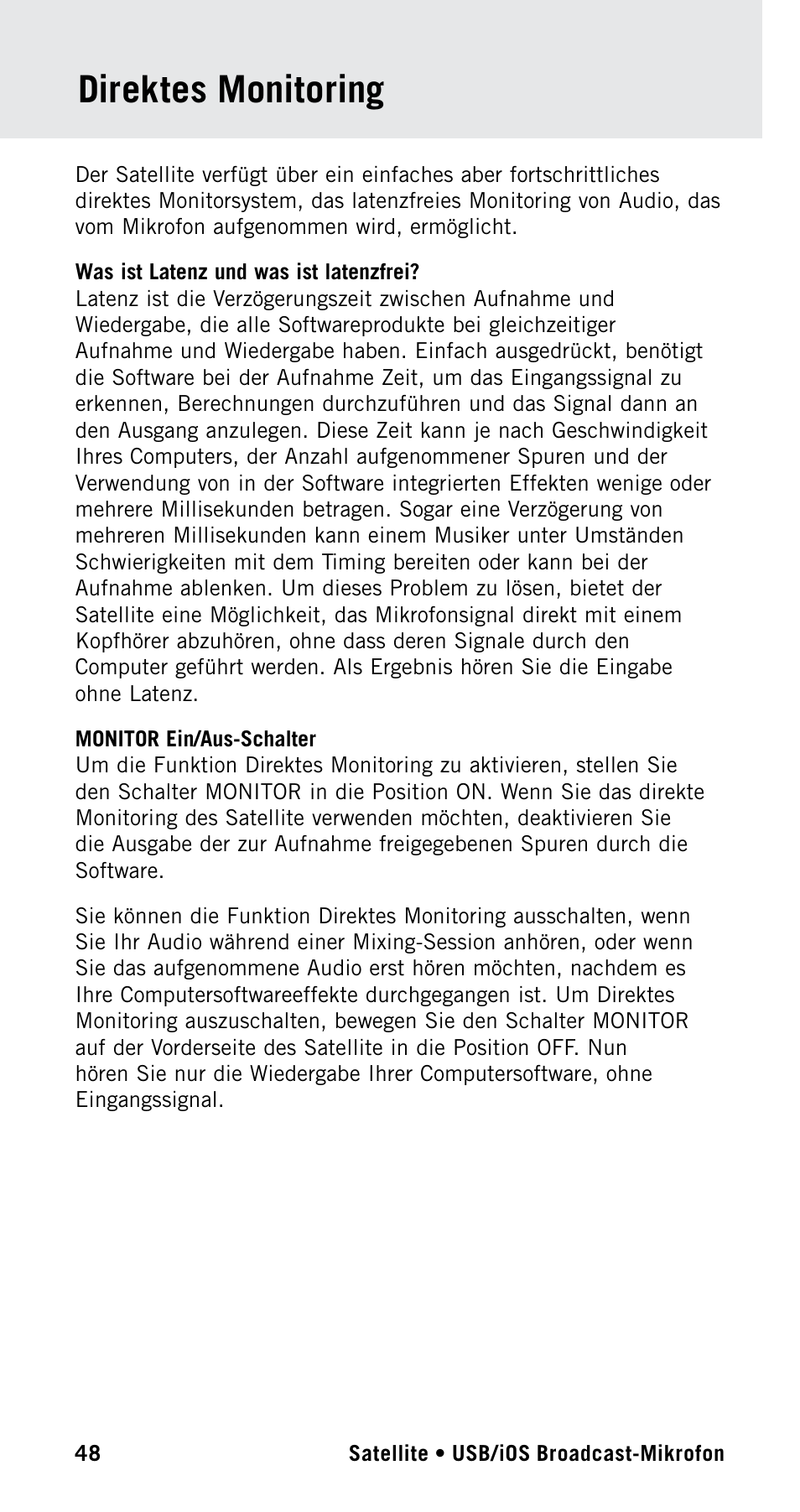 Direktes monitoring | Samson Satellite USB/iOS Broadcast Microphone User Manual | Page 48 / 88