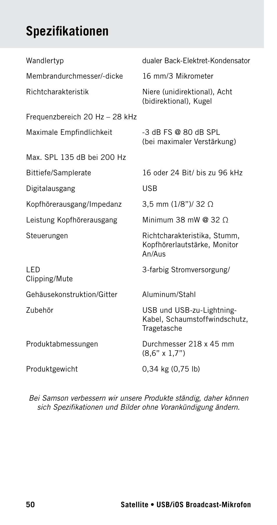 Spezifikationen | Samson Satellite USB/iOS Broadcast Microphone User Manual | Page 50 / 88