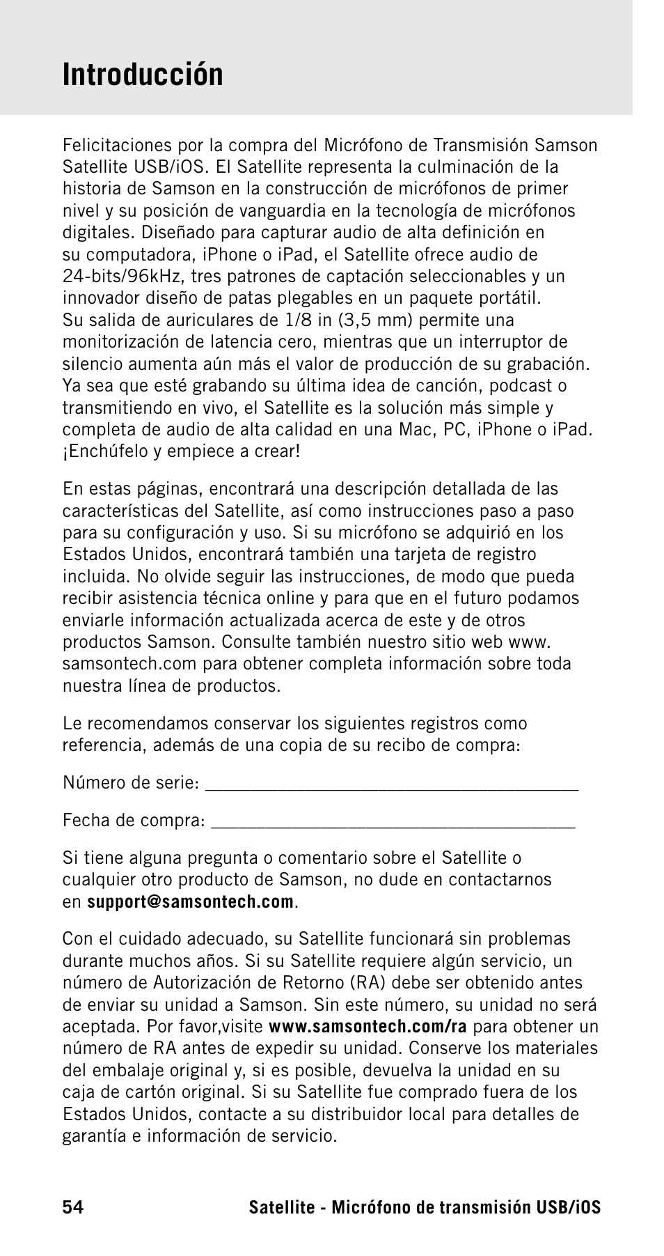 Introducción | Samson Satellite USB/iOS Broadcast Microphone User Manual | Page 54 / 88