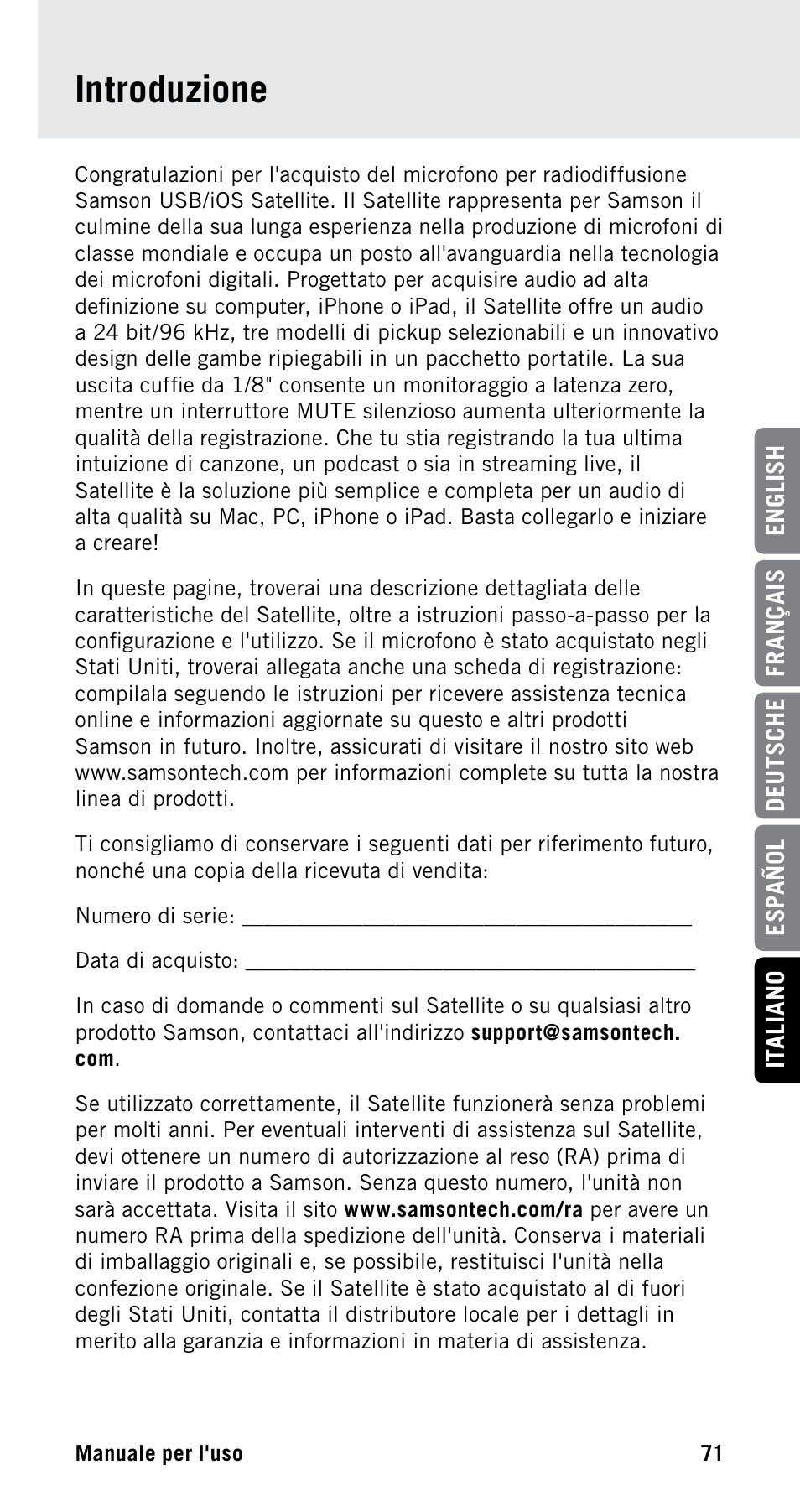 Introduzione | Samson Satellite USB/iOS Broadcast Microphone User Manual | Page 71 / 88