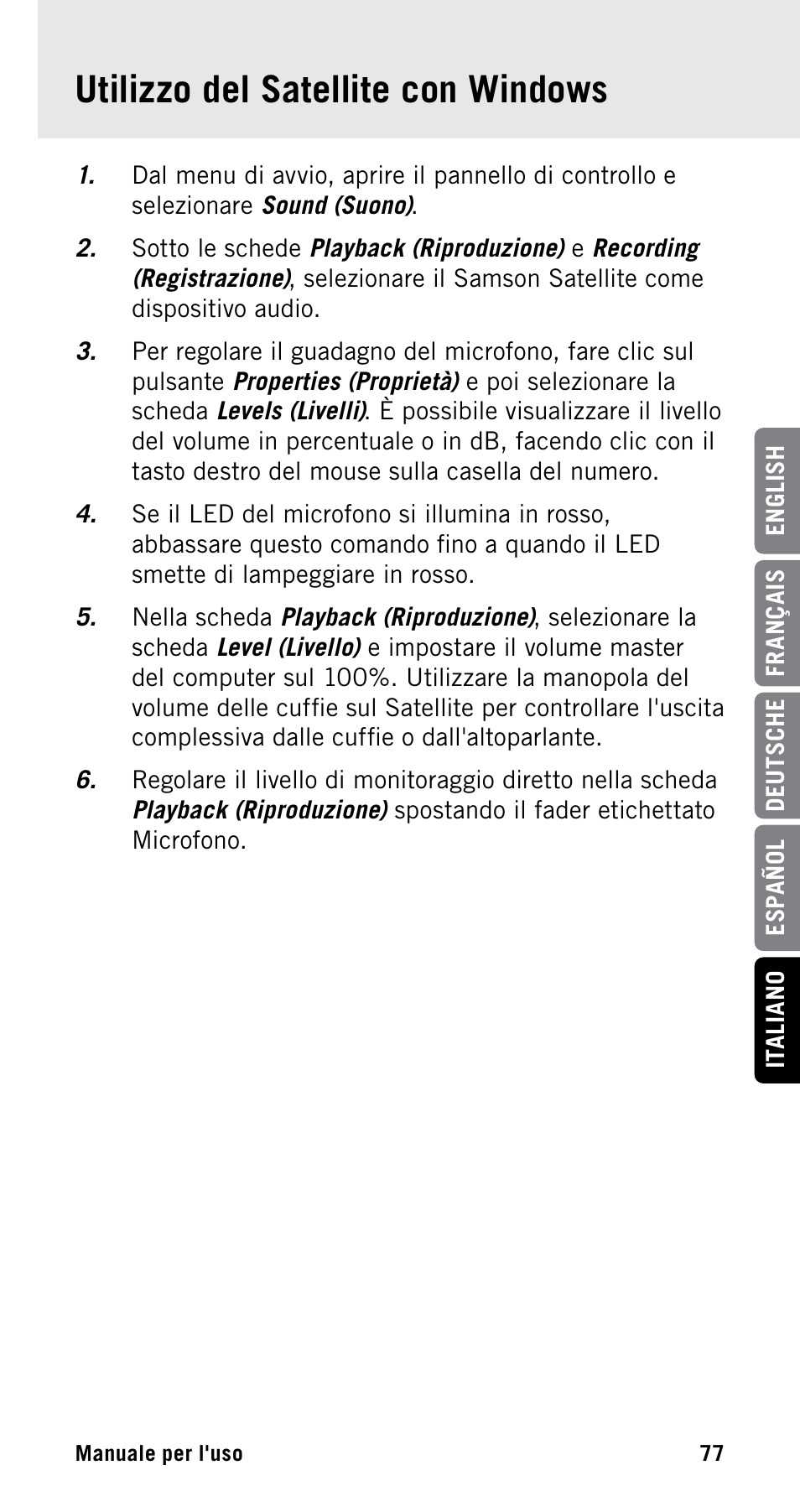 Utilizzo del satellite con windows | Samson Satellite USB/iOS Broadcast Microphone User Manual | Page 77 / 88