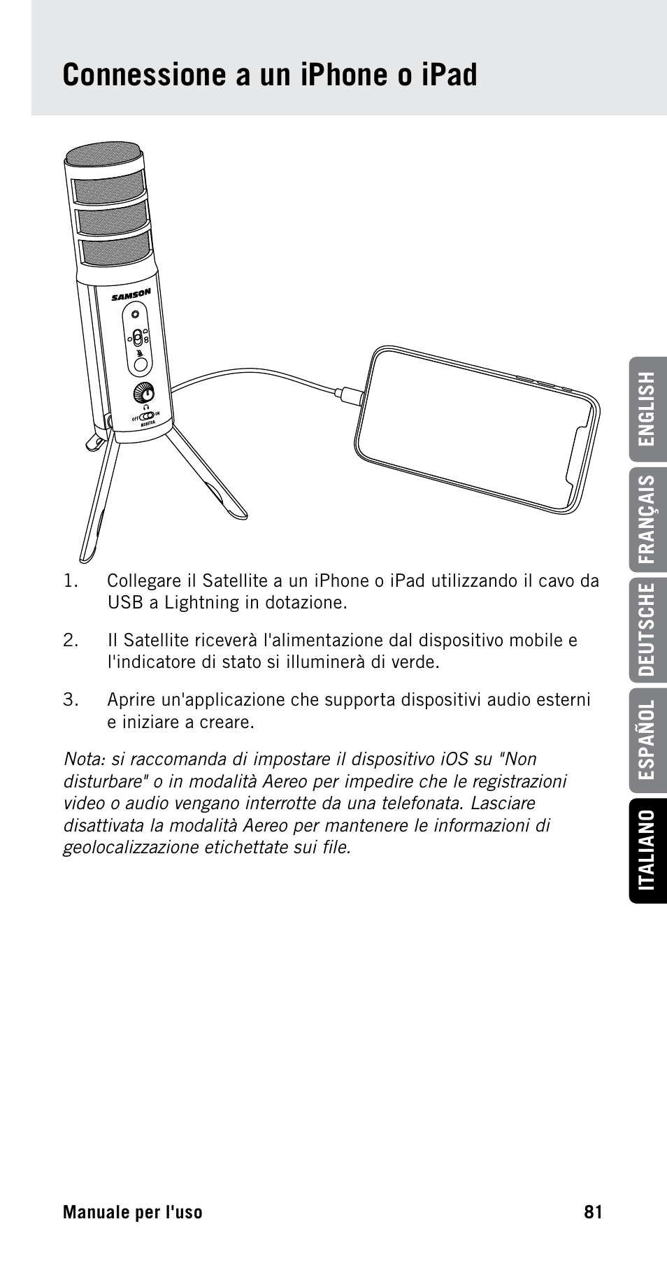 Connessione a un iphone o ipad | Samson Satellite USB/iOS Broadcast Microphone User Manual | Page 81 / 88