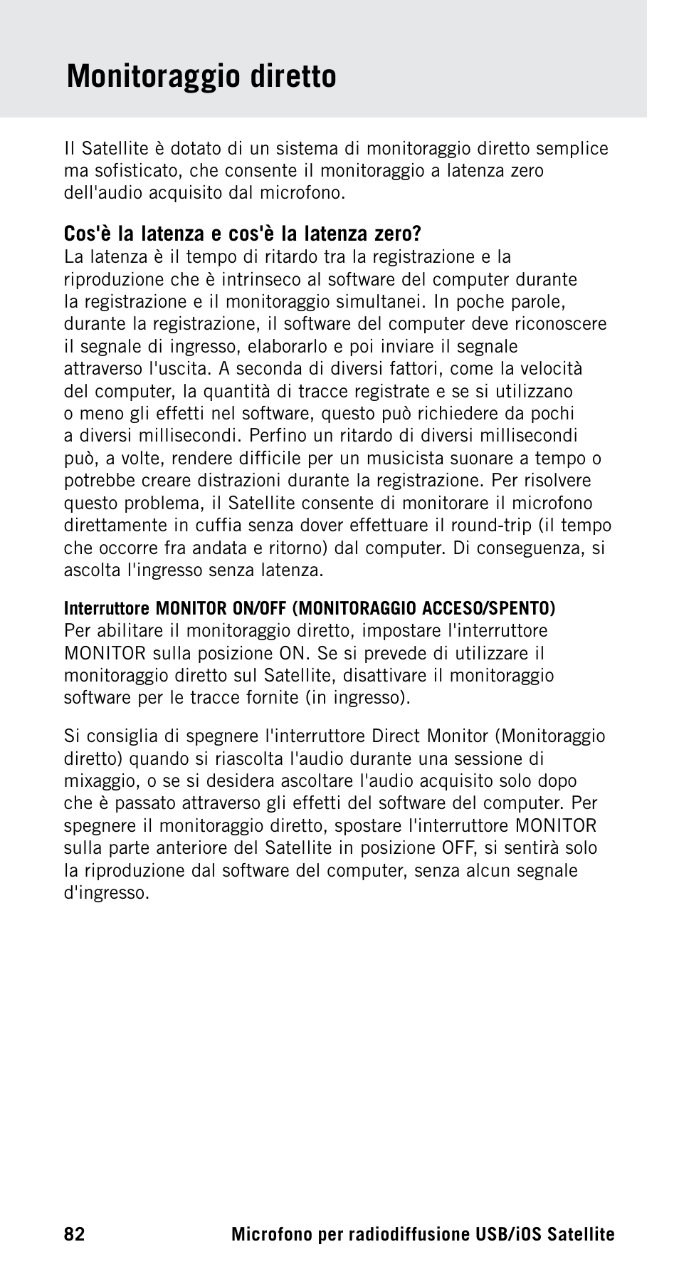 Monitoraggio diretto | Samson Satellite USB/iOS Broadcast Microphone User Manual | Page 82 / 88