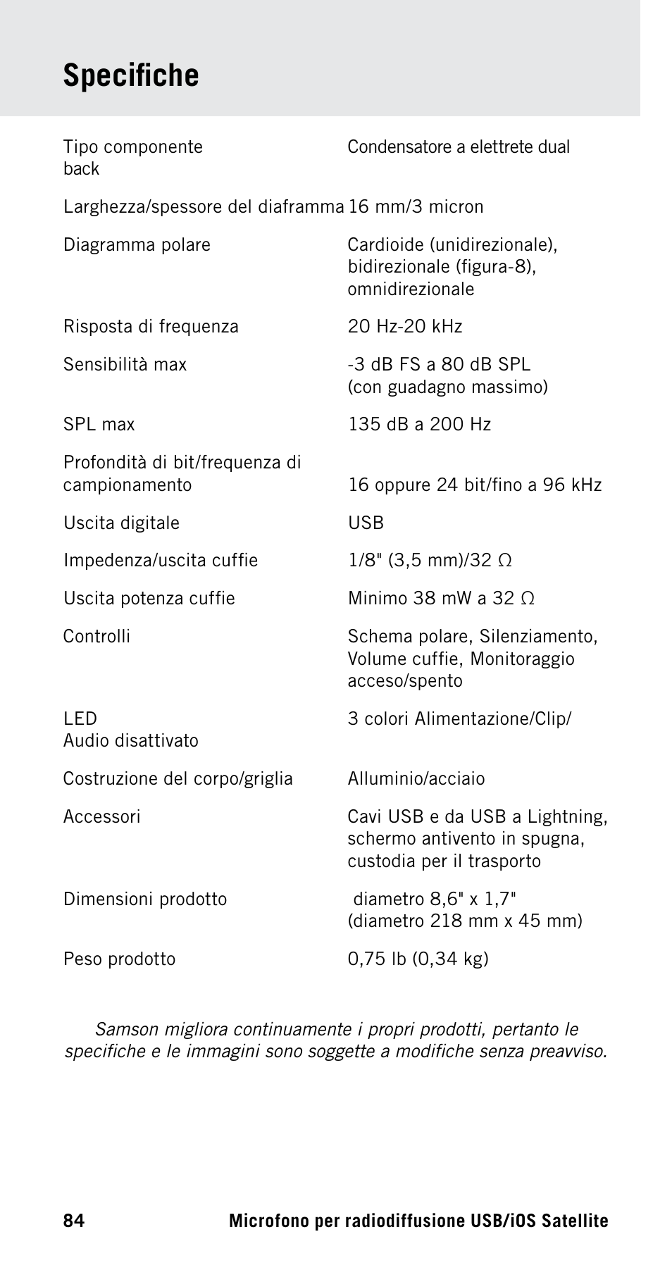 Specifiche | Samson Satellite USB/iOS Broadcast Microphone User Manual | Page 84 / 88