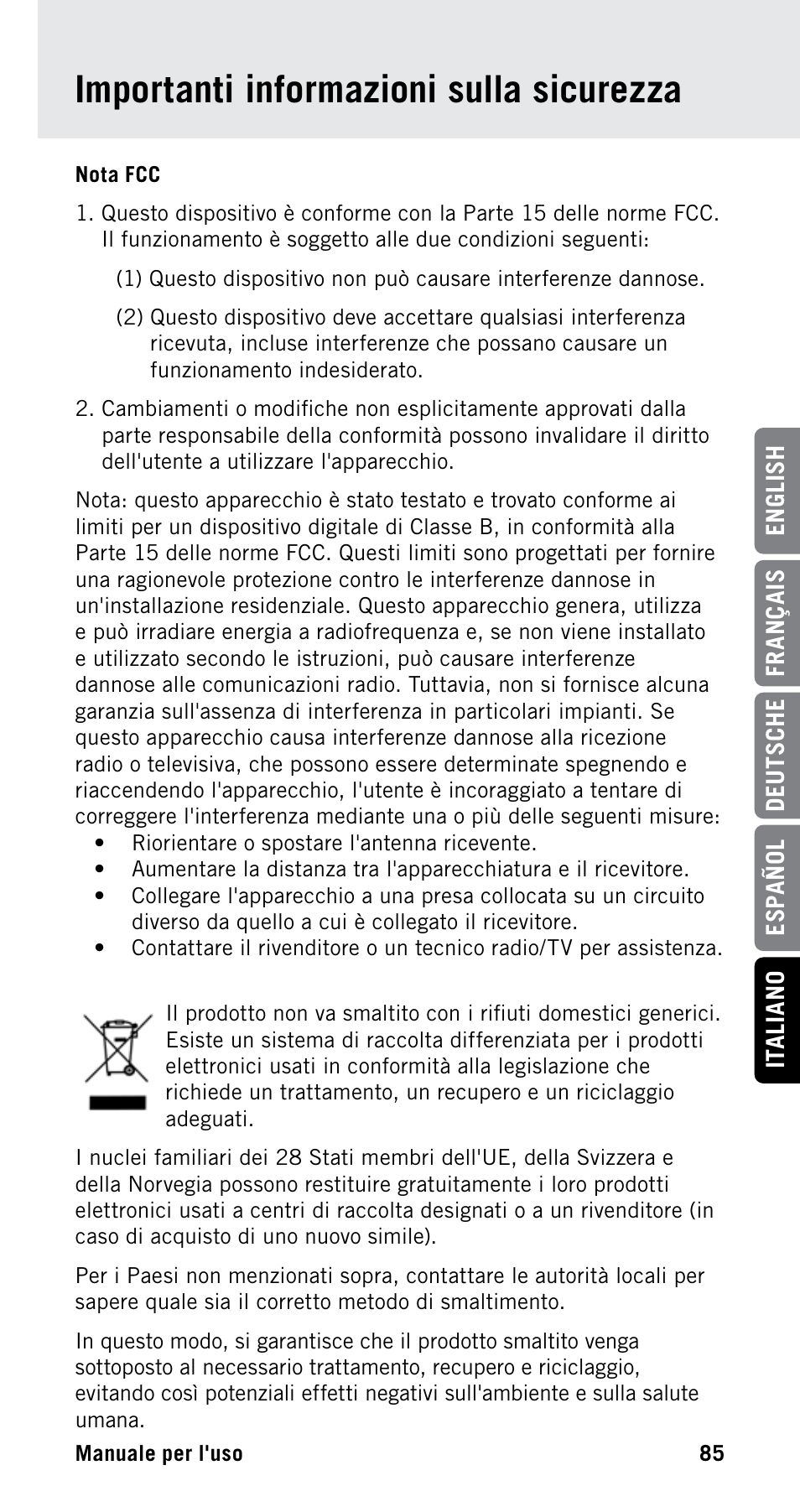 Importanti informazioni sulla sicurezza | Samson Satellite USB/iOS Broadcast Microphone User Manual | Page 85 / 88