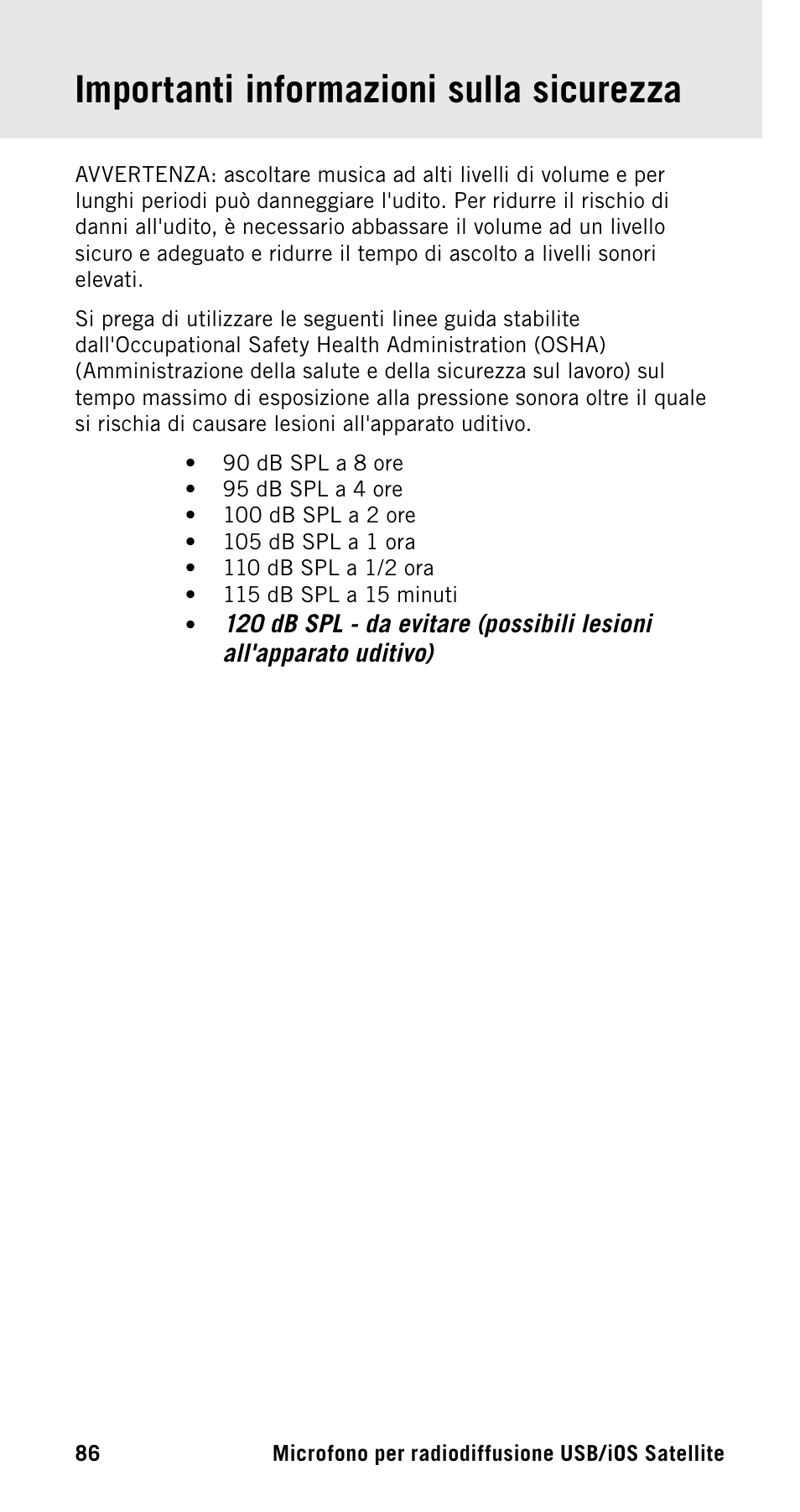 Importanti informazioni sulla sicurezza | Samson Satellite USB/iOS Broadcast Microphone User Manual | Page 86 / 88