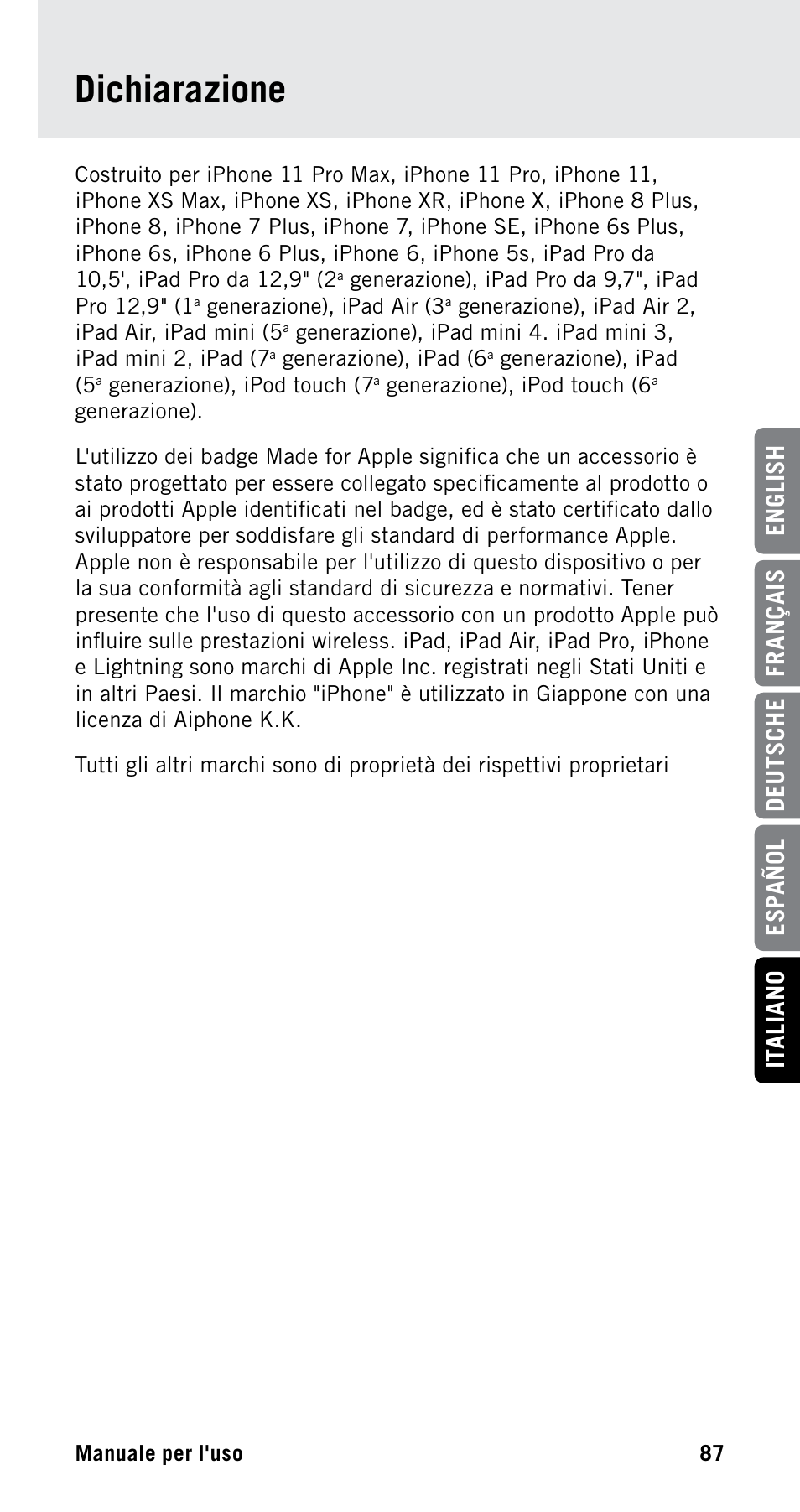 Dichiarazione | Samson Satellite USB/iOS Broadcast Microphone User Manual | Page 87 / 88