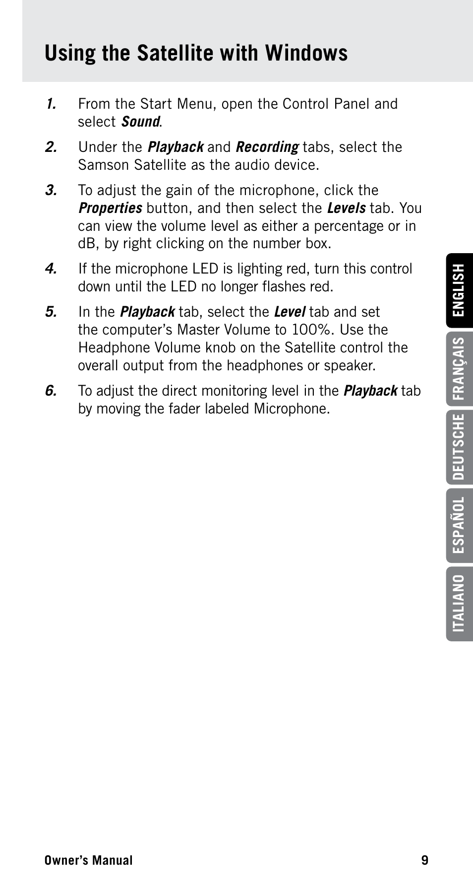 Using the satellite with windows | Samson Satellite USB/iOS Broadcast Microphone User Manual | Page 9 / 88