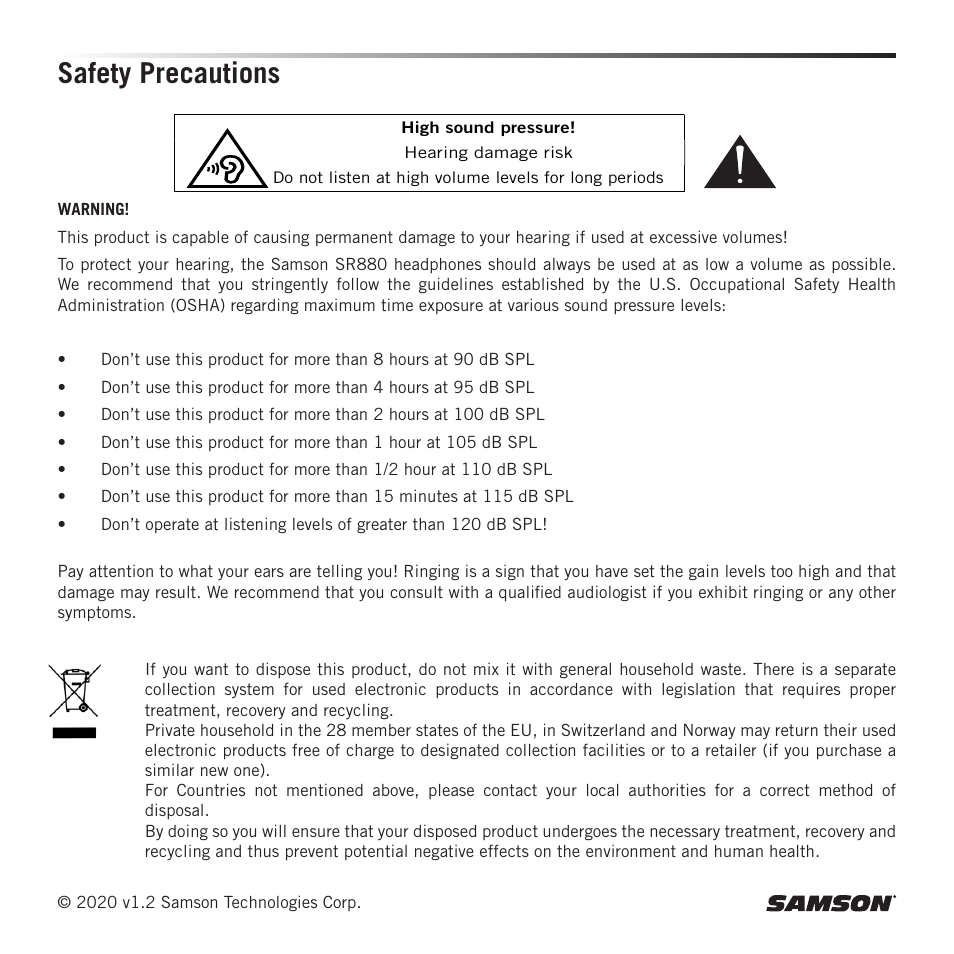 Safety precautions | Samson SR880 Closed-Back Over-Ear Studio Headphones User Manual | Page 2 / 4