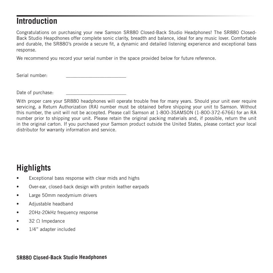 Introduction, Highlights | Samson SR880 Closed-Back Over-Ear Studio Headphones User Manual | Page 3 / 4