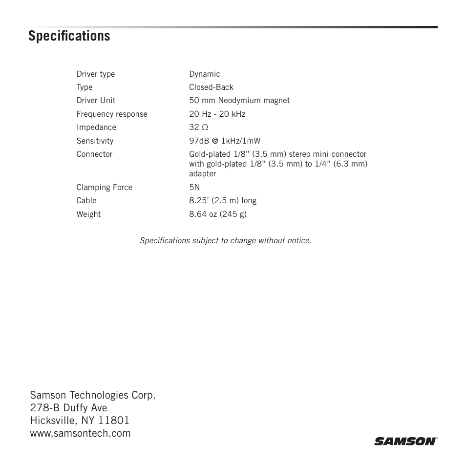 Specifications | Samson SR880 Closed-Back Over-Ear Studio Headphones User Manual | Page 4 / 4