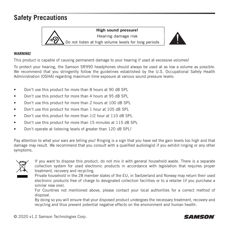 Safety precautions | Samson SR990 Closed-Back Over-Ear Studio Reference Headphones User Manual | Page 2 / 4