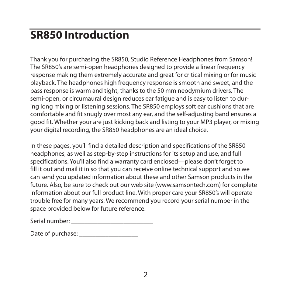 Sr850 introduction | Samson SR850B Semi-Open Studio Headphones (Blue) User Manual | Page 4 / 8