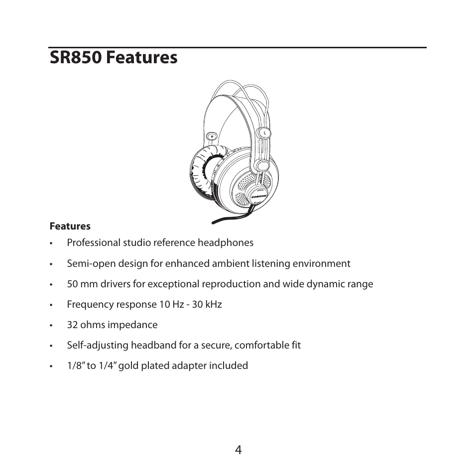 Sr850 features | Samson SR850B Semi-Open Studio Headphones (Blue) User Manual | Page 6 / 8