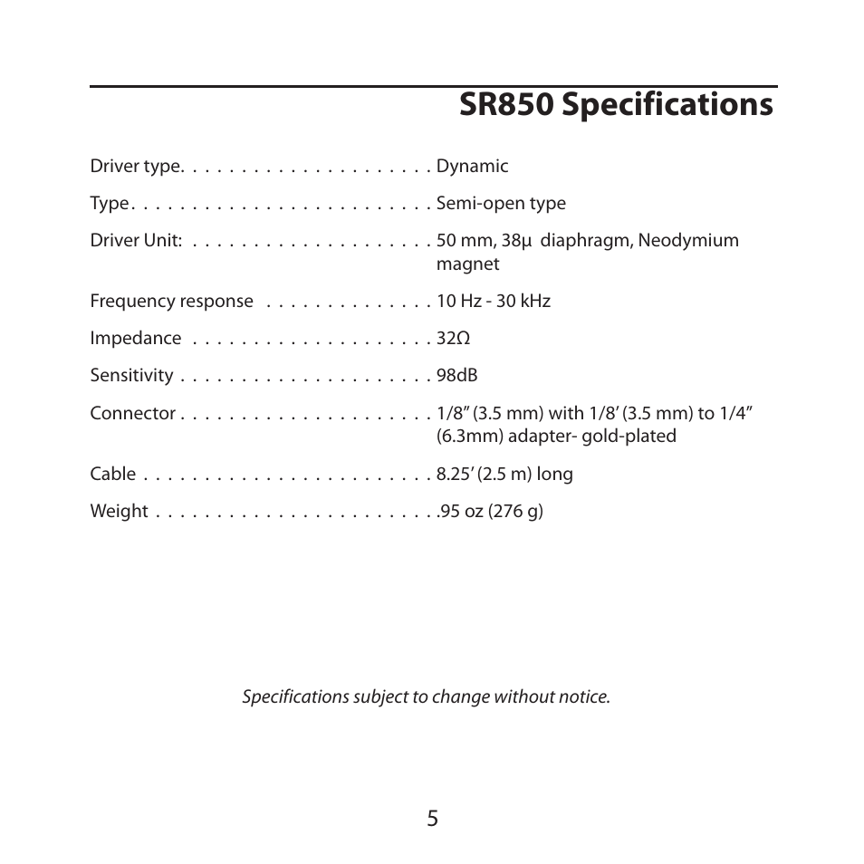 Sr850 specifications | Samson SR850B Semi-Open Studio Headphones (Blue) User Manual | Page 7 / 8