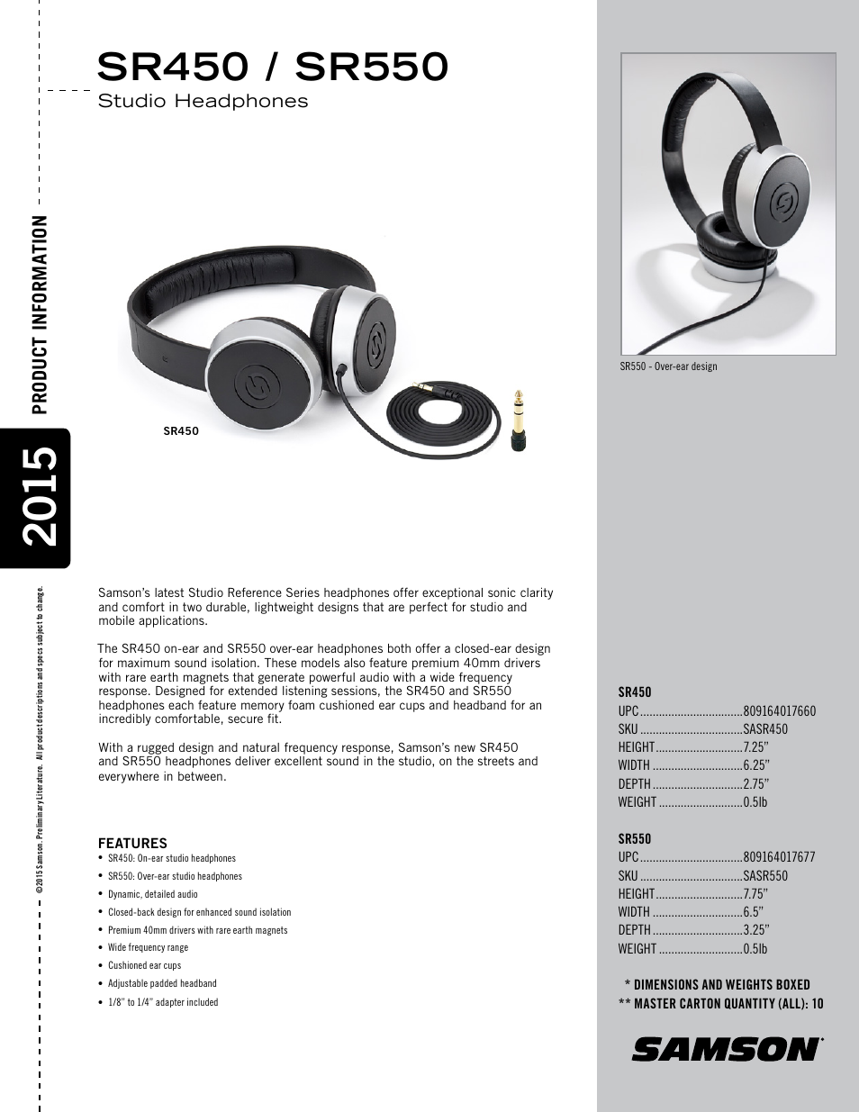 Samson SR 550 Over-Ear Studio Headphones User Manual | 1 page