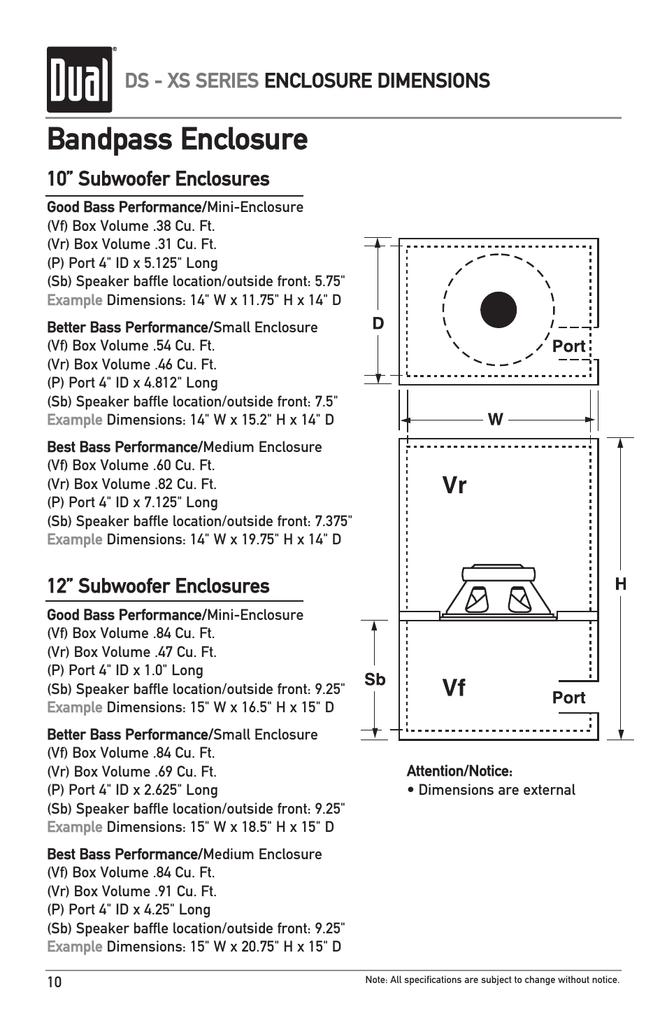 Bandpass enclosure, Ds - xs series enclosure dimensions, 10” subwoofer enclosures | 12” subwoofer enclosures | Dual DS12 User Manual | Page 10 / 12