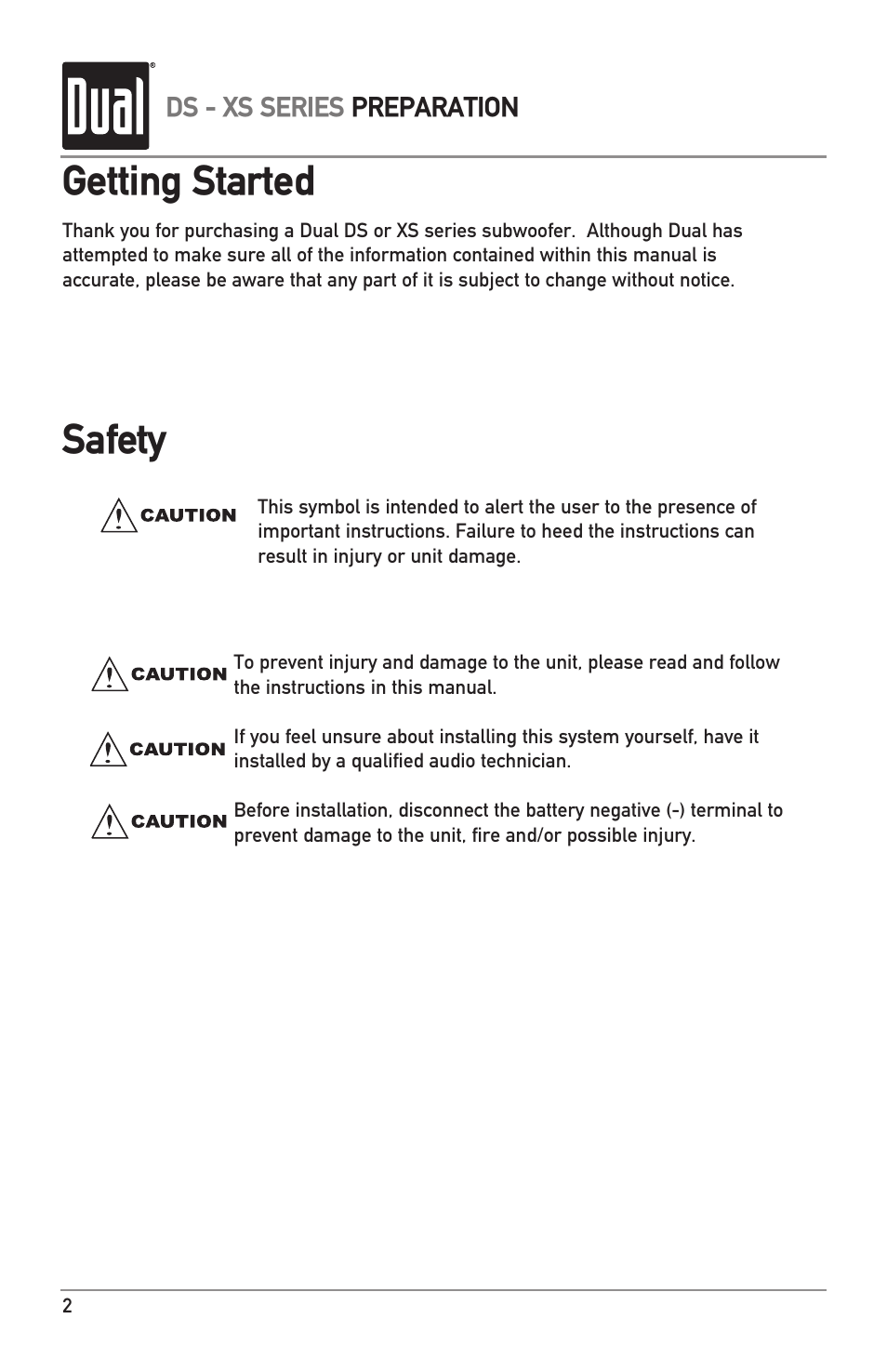 Getting started safety | Dual DS12 User Manual | Page 2 / 12