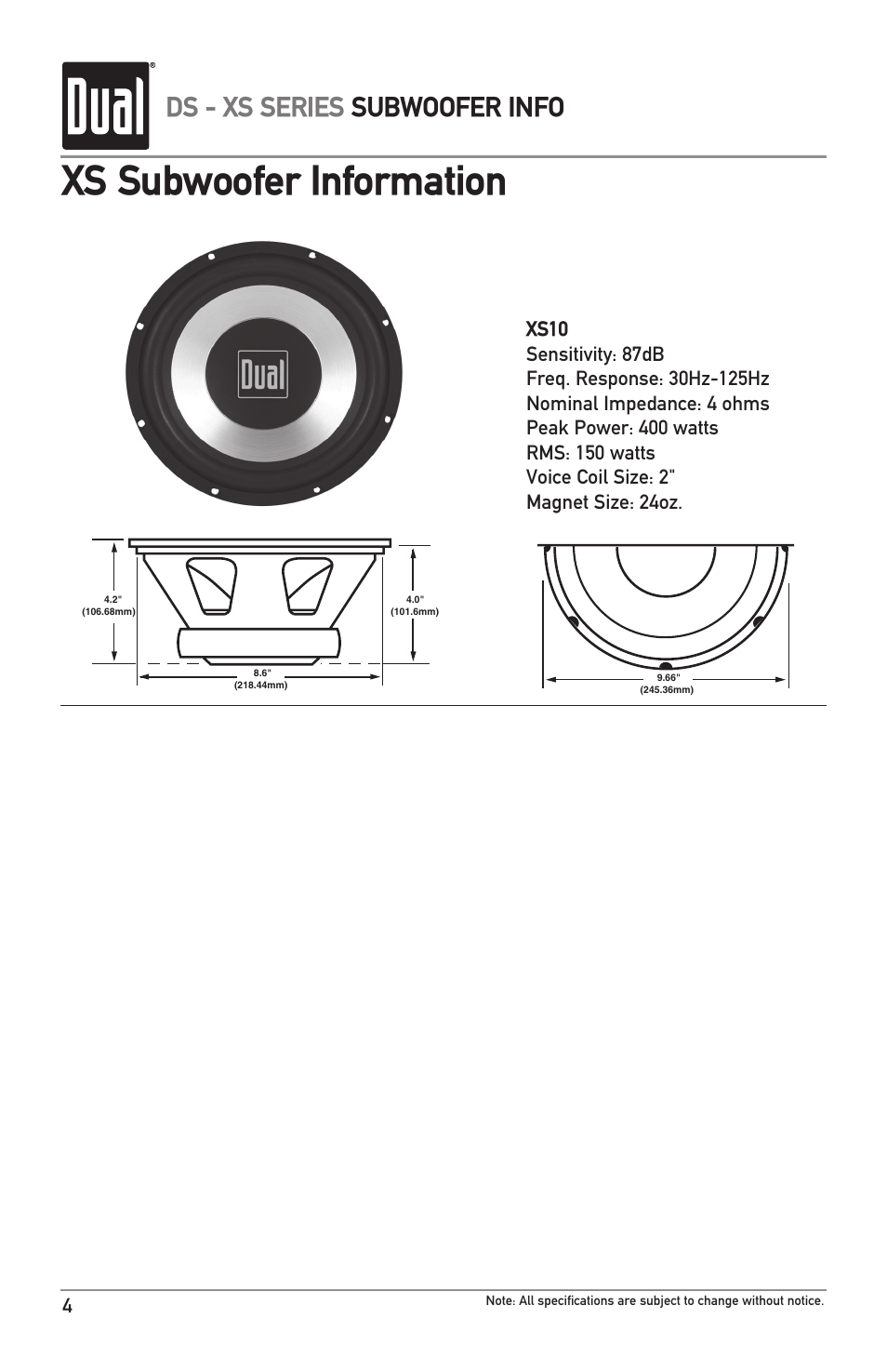 Xs subwoofer information, Ds - xs series subwoofer info | Dual DS12 User Manual | Page 4 / 12