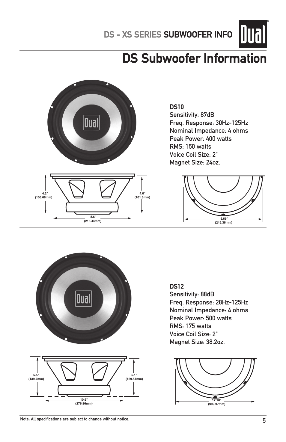 Ds subwoofer information, Ds - xs series subwoofer info | Dual DS12 User Manual | Page 5 / 12