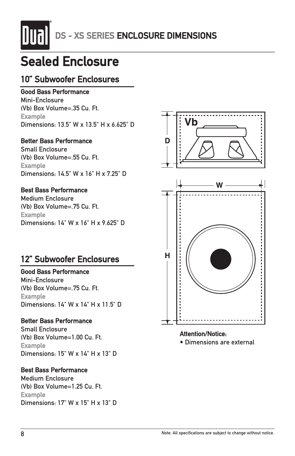 Sealed enclosure, Ds - xs series enclosure dimensions, 10” subwoofer enclosures | 12” subwoofer enclosures | Dual DS12 User Manual | Page 8 / 12