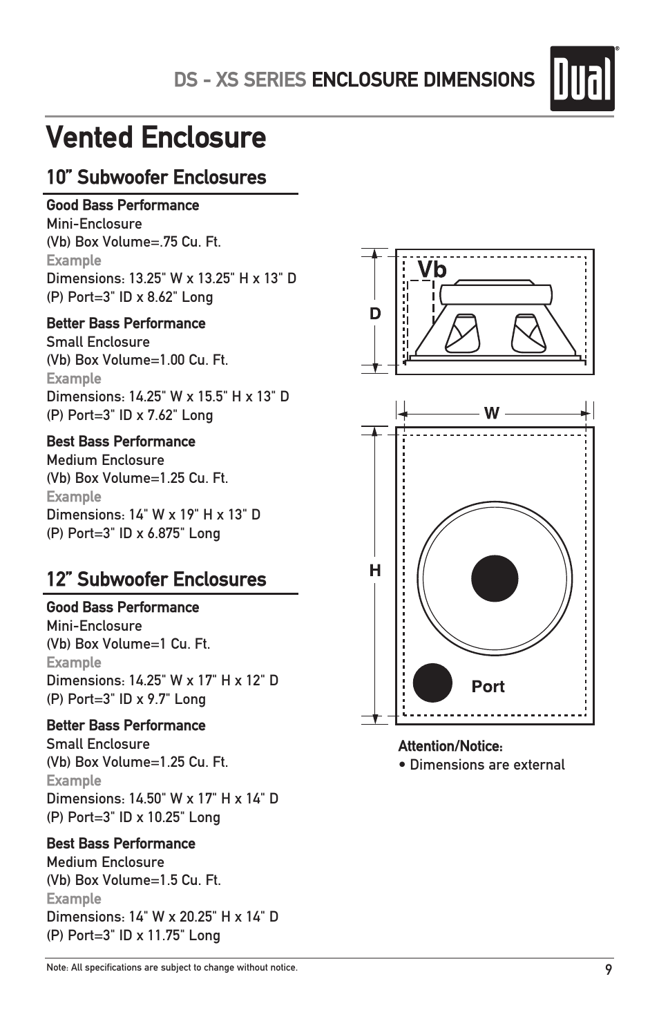 Vented enclosure, Ds - xs series enclosure dimensions, 10” subwoofer enclosures | 12” subwoofer enclosures | Dual DS12 User Manual | Page 9 / 12