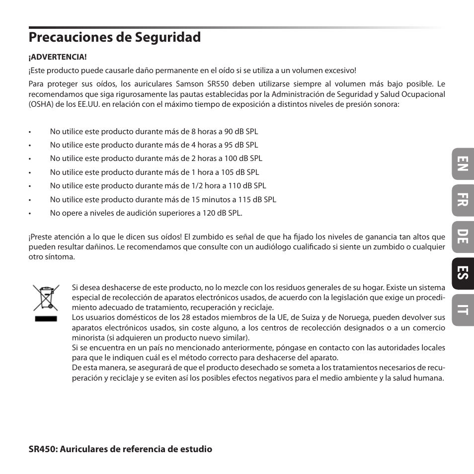 En fr de es it precauciones de seguridad | Samson SR 550 Over-Ear Studio Headphones User Manual | Page 11 / 16