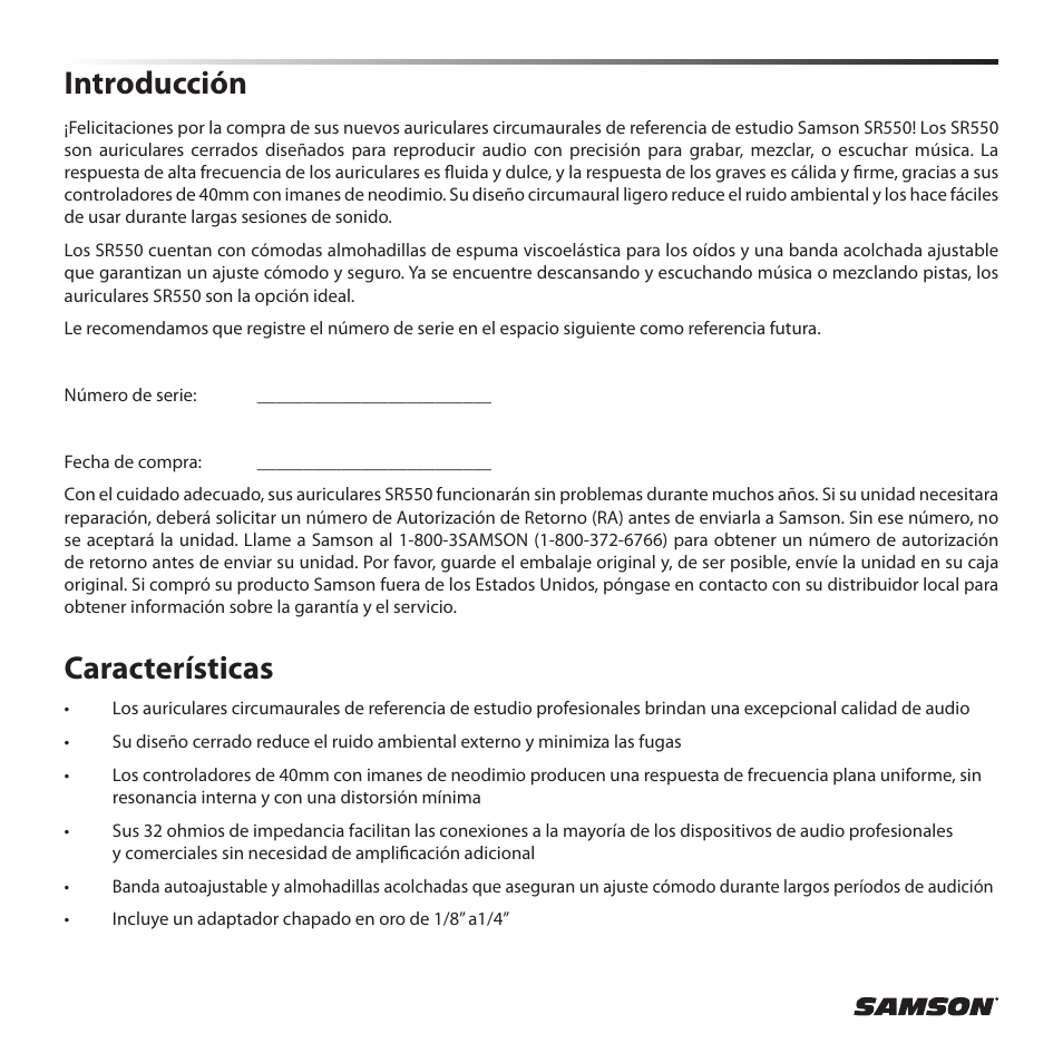 Introducción, Características | Samson SR 550 Over-Ear Studio Headphones User Manual | Page 12 / 16