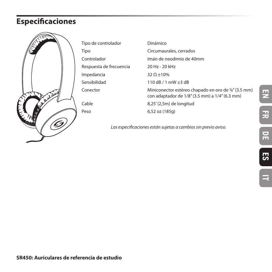 En fr de es it, Especificaciones | Samson SR 550 Over-Ear Studio Headphones User Manual | Page 13 / 16