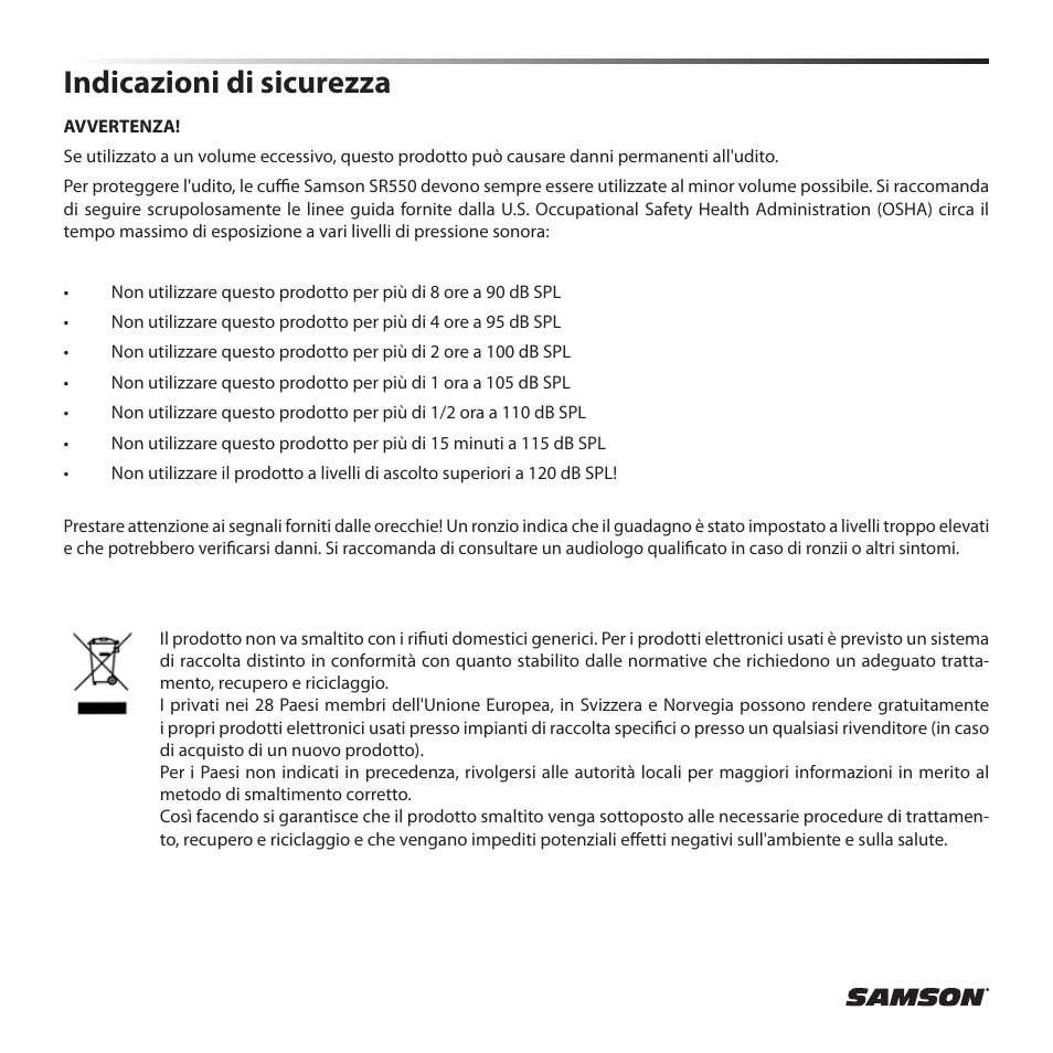 Indicazioni di sicurezza | Samson SR 550 Over-Ear Studio Headphones User Manual | Page 14 / 16