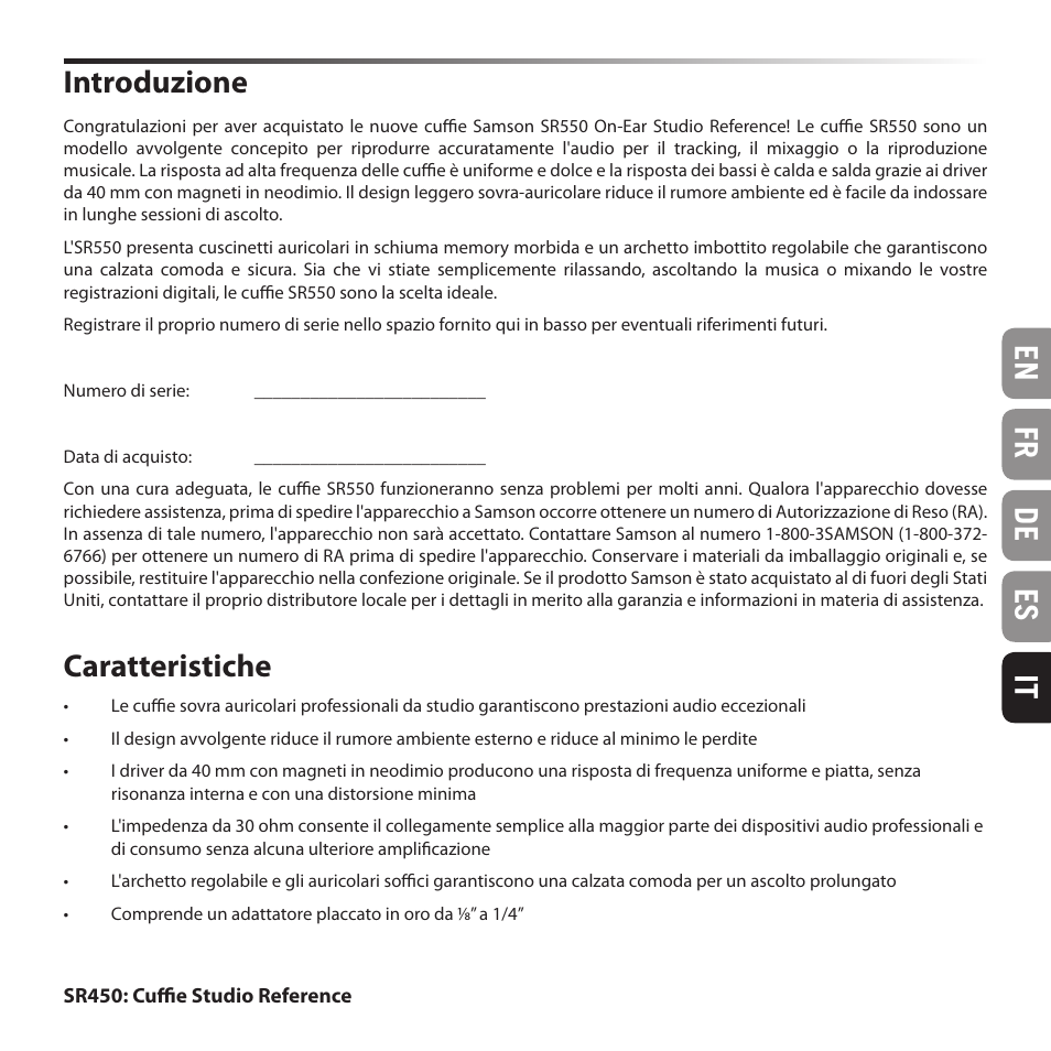 En fr de es it introduzione, Caratteristiche | Samson SR 550 Over-Ear Studio Headphones User Manual | Page 15 / 16