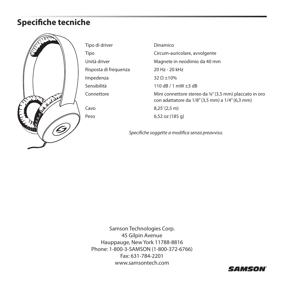 Specifiche tecniche | Samson SR 550 Over-Ear Studio Headphones User Manual | Page 16 / 16