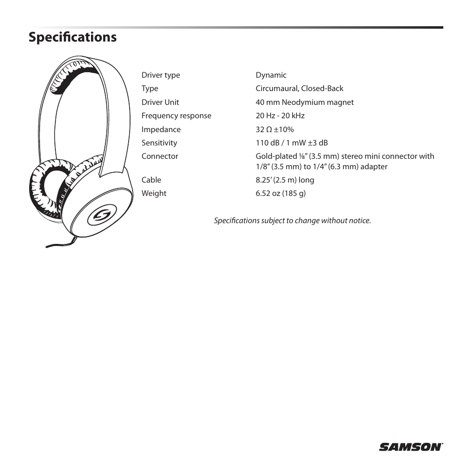 Specifications | Samson SR 550 Over-Ear Studio Headphones User Manual | Page 4 / 16