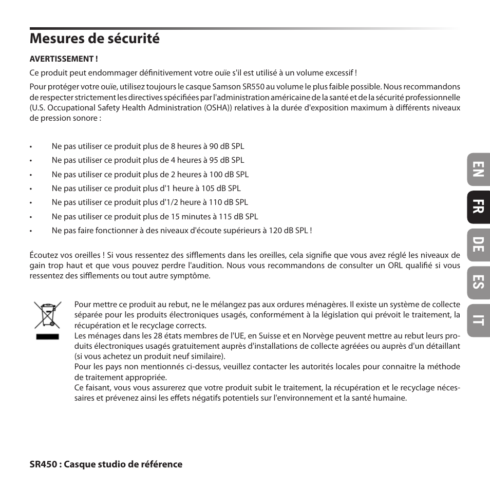 En fr de es it mesures de sécurité | Samson SR 550 Over-Ear Studio Headphones User Manual | Page 5 / 16