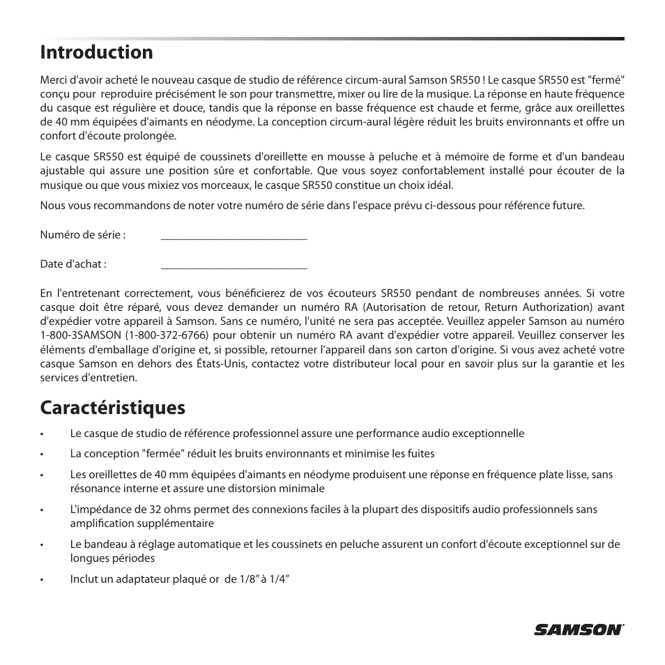 Introduction, Caractéristiques | Samson SR 550 Over-Ear Studio Headphones User Manual | Page 6 / 16