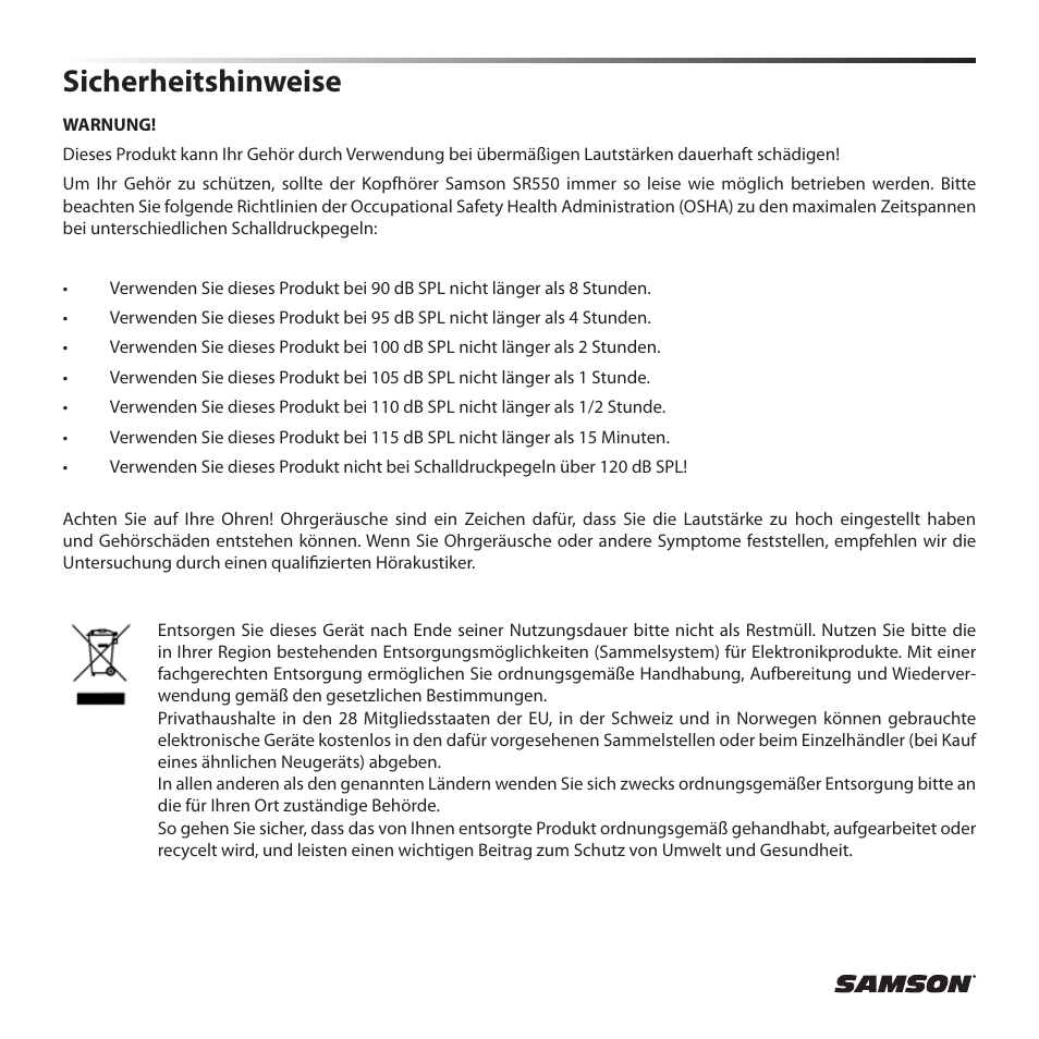 Sicherheitshinweise | Samson SR 550 Over-Ear Studio Headphones User Manual | Page 8 / 16