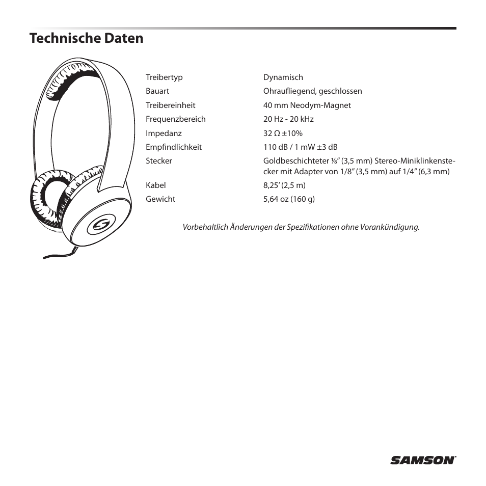 Technische daten | Samson SR 450 On-Ear Studio Headphones User Manual | Page 10 / 16