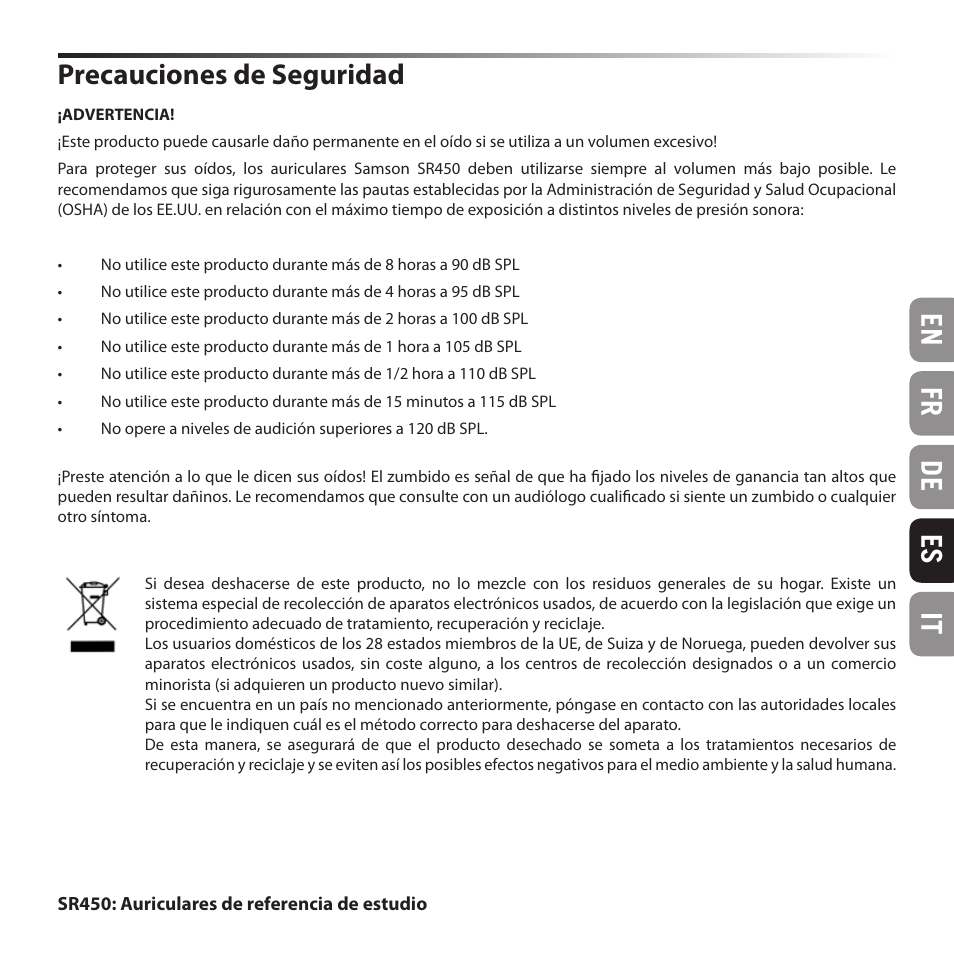 En fr de es it precauciones de seguridad | Samson SR 450 On-Ear Studio Headphones User Manual | Page 11 / 16