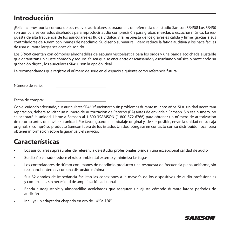 Introducción, Características | Samson SR 450 On-Ear Studio Headphones User Manual | Page 12 / 16