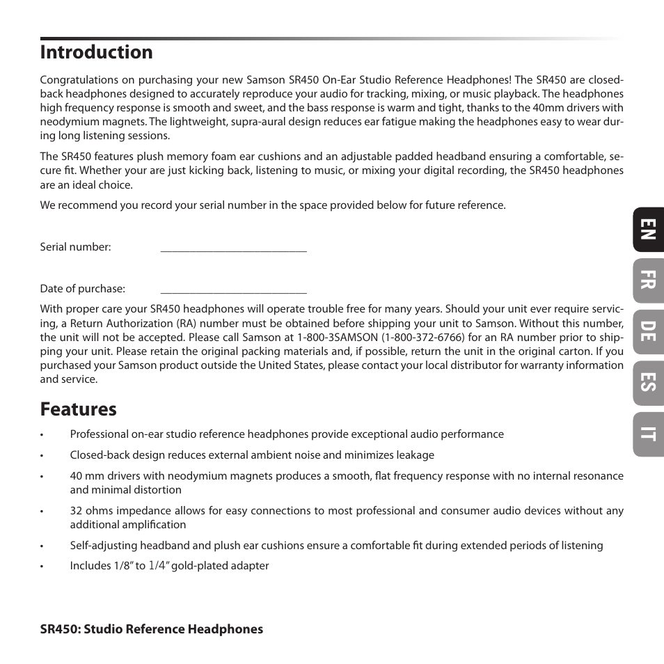 En fr de es it introduction, Features | Samson SR 450 On-Ear Studio Headphones User Manual | Page 3 / 16