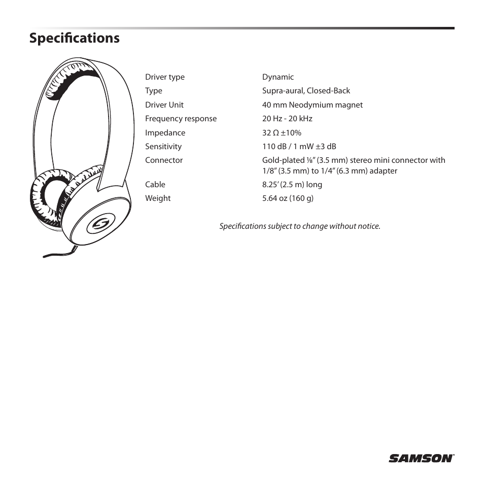 Specifications | Samson SR 450 On-Ear Studio Headphones User Manual | Page 4 / 16