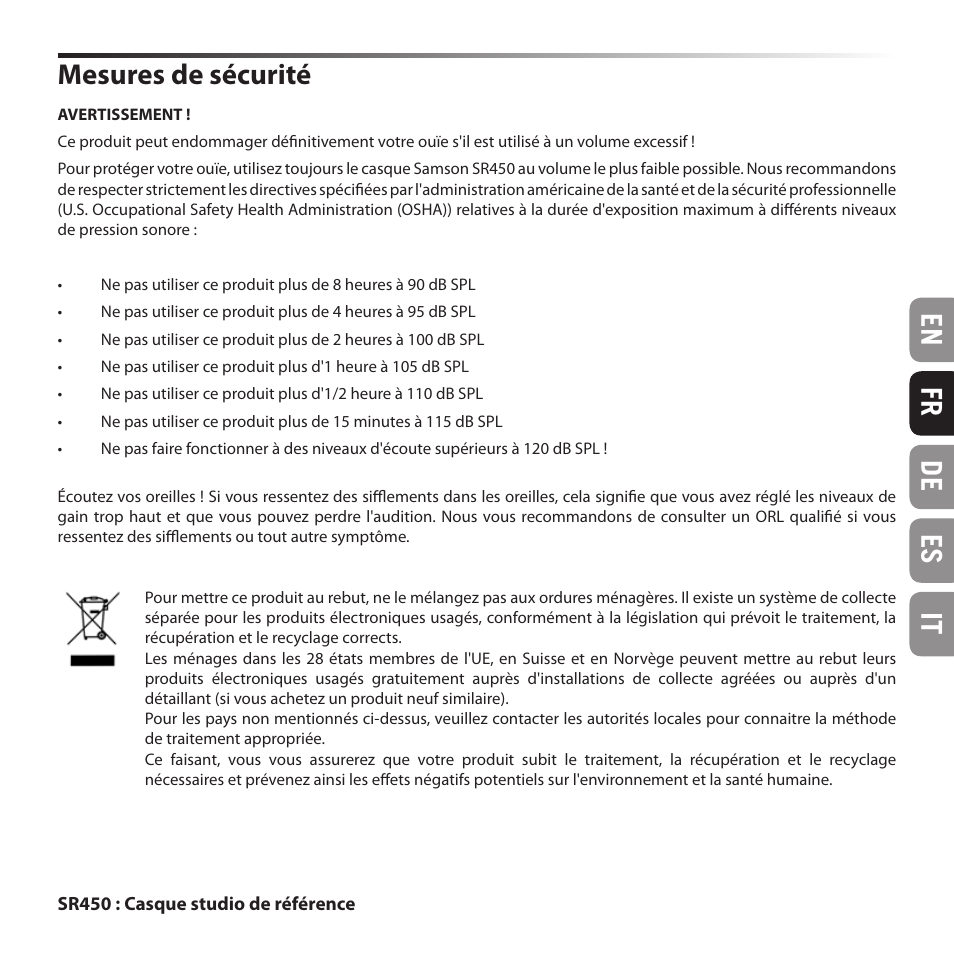 En fr de es it mesures de sécurité | Samson SR 450 On-Ear Studio Headphones User Manual | Page 5 / 16