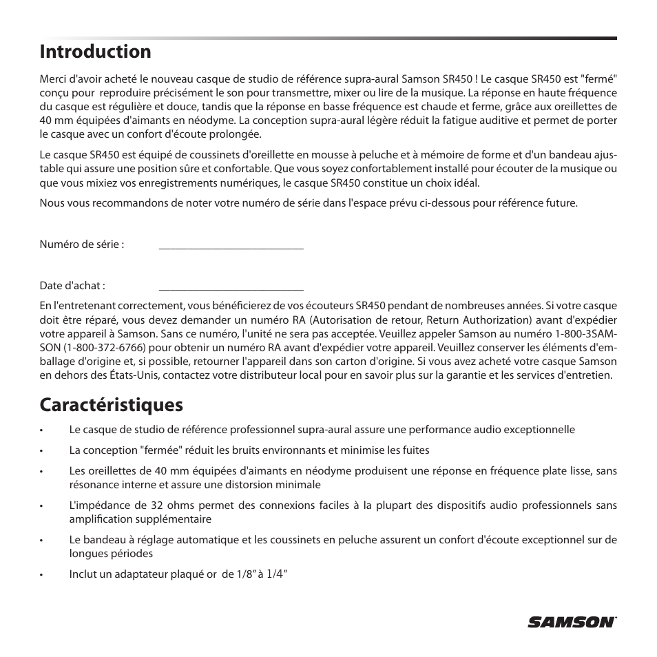 Introduction, Caractéristiques | Samson SR 450 On-Ear Studio Headphones User Manual | Page 6 / 16