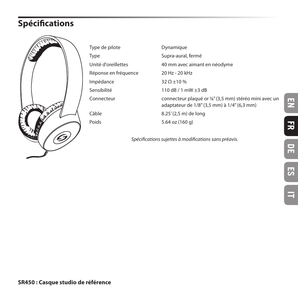 En fr de es it, Spécifications | Samson SR 450 On-Ear Studio Headphones User Manual | Page 7 / 16